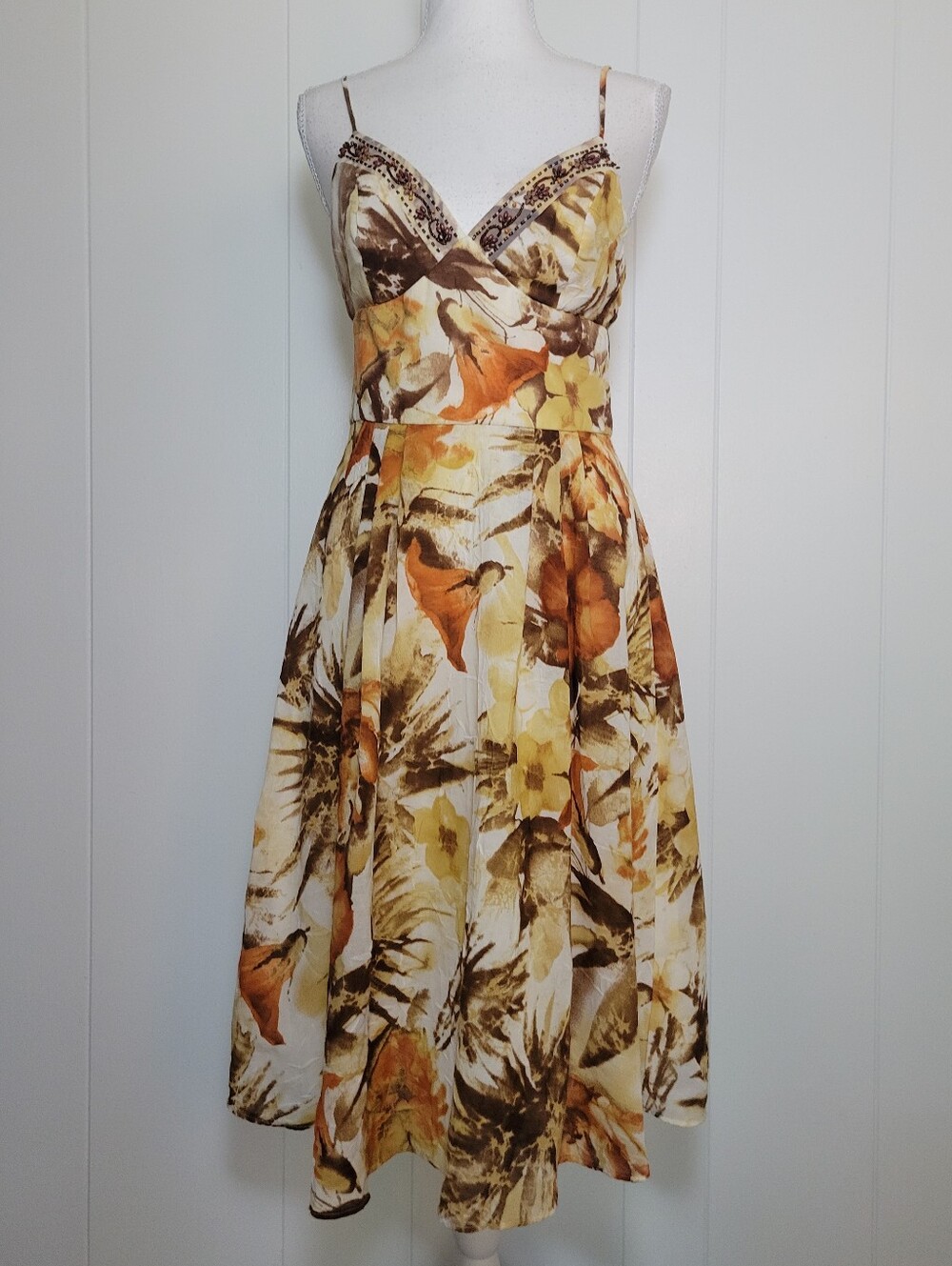 BCBG Paris Fall Floral Dress Beaded Y2k 90s Homecoming Spaghetti Strap Autumn 4